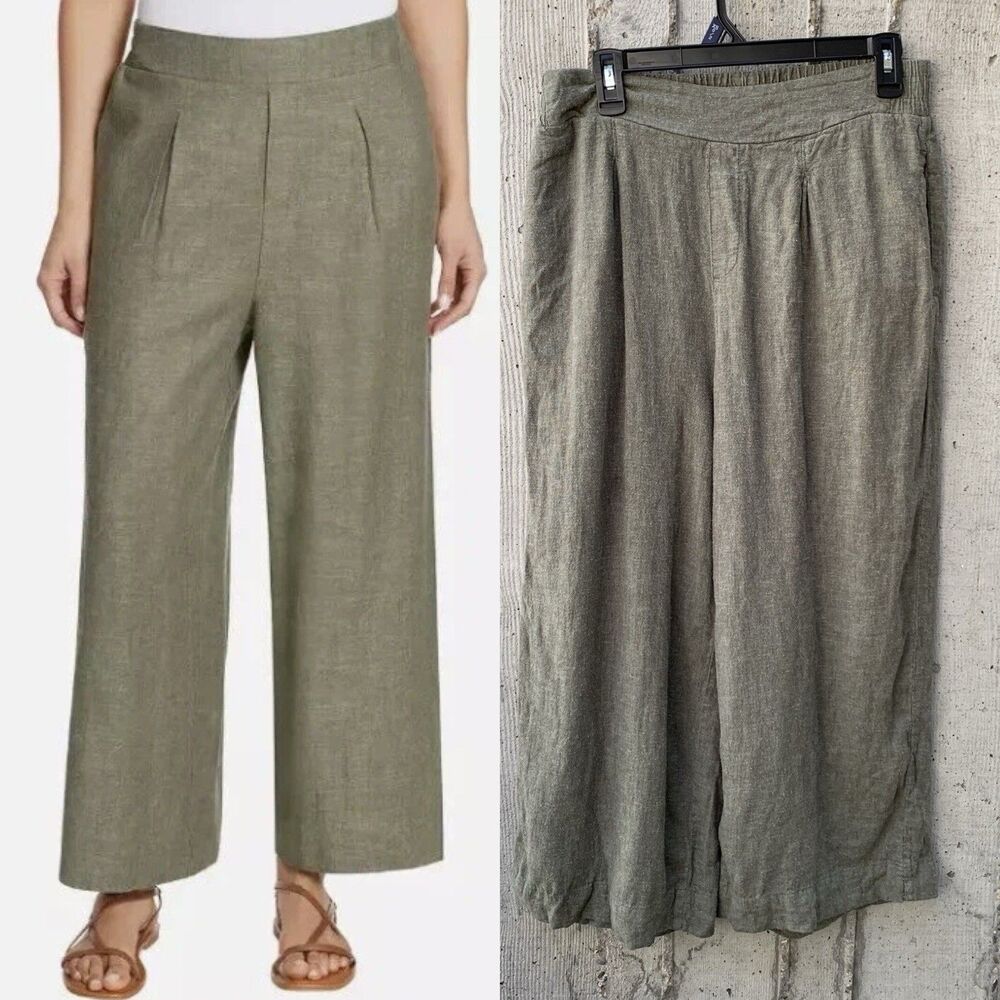Ella Moss Women Linen Blend Wide Leg Pull On Elastic Waist Trouser Olive Green M